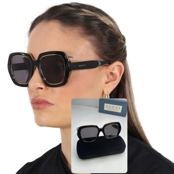 New Authentic Gucci GG1064S 002 Square Full-Rim Sunglass– Black  with Solid Grey - Picture 1 of 16